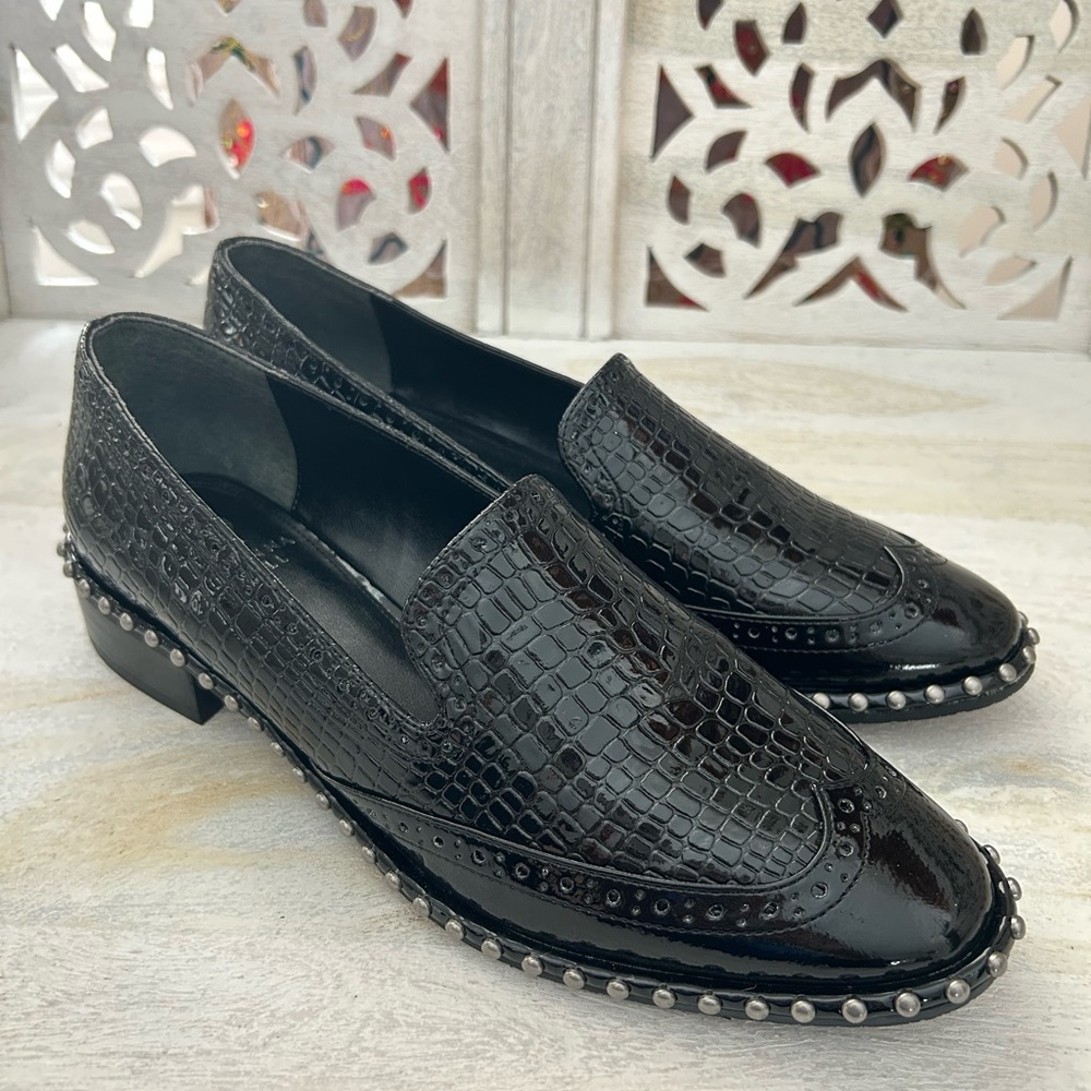 NWT Adrianna Papell Black Croc-Embossed Loafers Patent Leather Studded Paloma 9